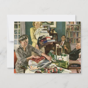 Vintage Kerstmis, Happy Family Wrapping Gifts Feestdagenkaart
