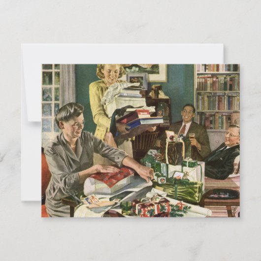 Vintage Kerstmis, Happy Family Wrapping Gifts Feestdagenkaart (Voorkant)