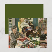 Vintage Kerstmis, Happy Family Wrapping Gifts Feestdagenkaart (Voorkant / Achterkant)