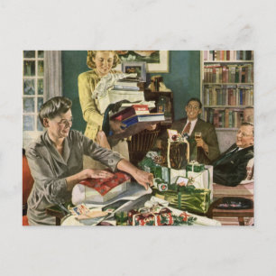 Vintage Kerstmis, Happy Family Wrapping Gifts Feestdagenkaart