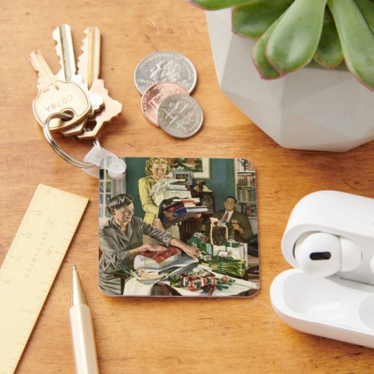 Vintage Kerstmis, Happy Family Wrapping Gifts Sleutelhanger (Bureau)