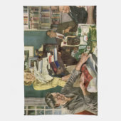 Vintage Kerstmis, Happy Family Wrapping Gifts Theedoek (Verticaal)