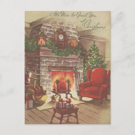 Vintage Kerstmis Hearth Feestdagenkaart (Voorkant)