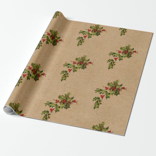 Vintage Kerstmis Holly en Berries Cadeaupapier (Uitgerold)