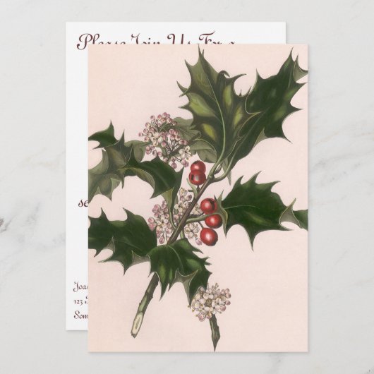Vintage Kerstmis, Holly en Bessen Uitnodiging (Voorkant / Achterkant)