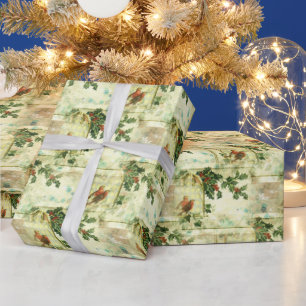 Vintage Kerstmis Holly en Vogels Cadeaupapier