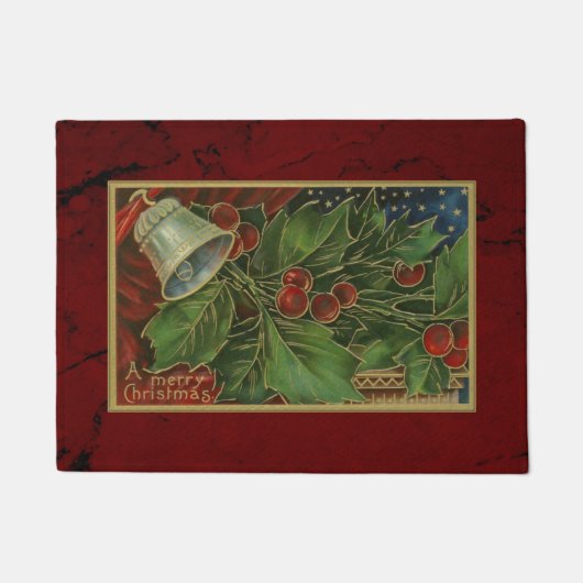 Vintage Kerstmis Holly en Zilveren Klokken Deurmat (Voorkant)