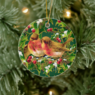 Vintage Kerstmis Holly Faux Gold Keramisch Ornament