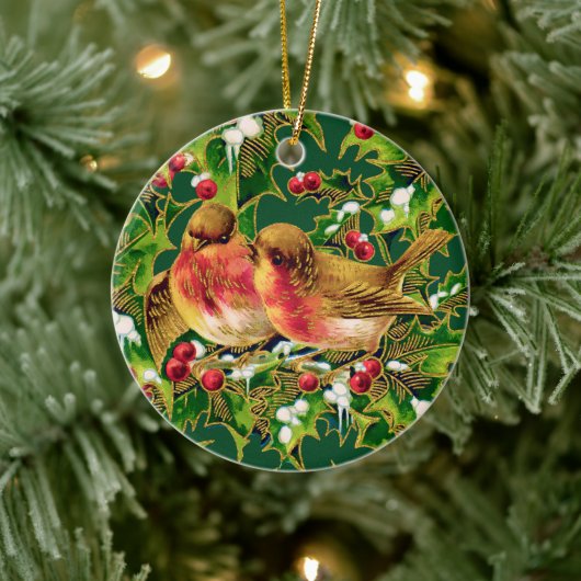 Vintage Kerstmis Holly Faux Gold Keramisch Ornament (Boom)