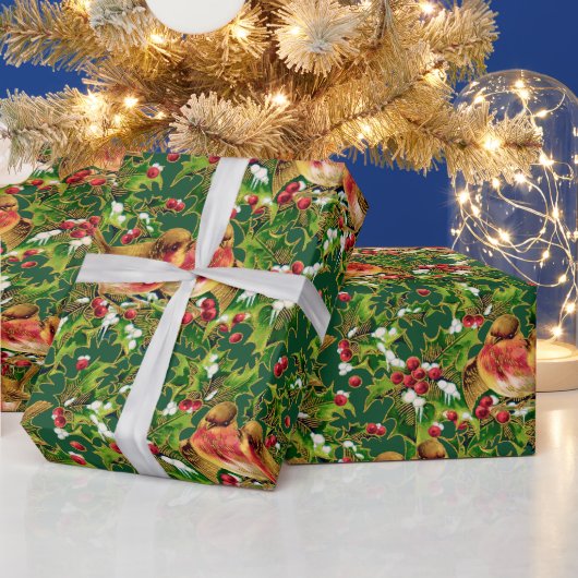 Vintage Kerstmis Holly Faux Gold Pattern Cadeaupapier (Feestdagen)