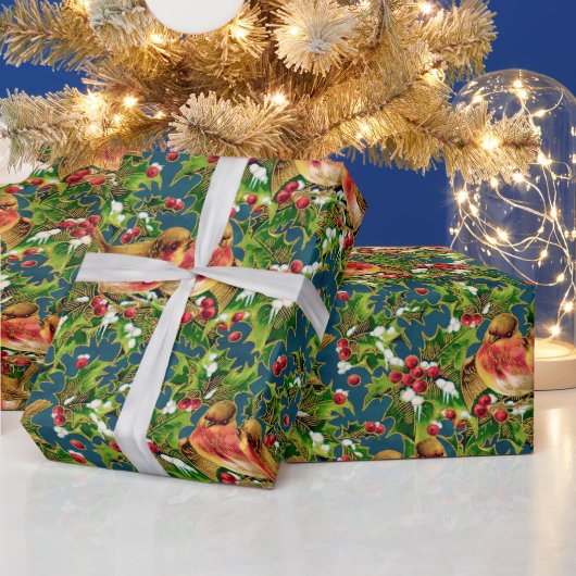 Vintage Kerstmis Holly Faux Gold Pattern Cadeaupapier (Feestdagen)