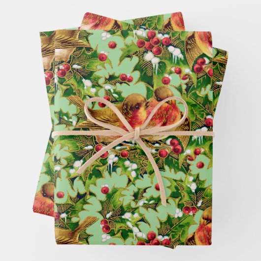 Vintage Kerstmis Holly Faux Gold Pattern Inpakpapier Vel (In situ)