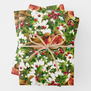 Vintage Kerstmis Holly Faux Gold Pattern Inpakpapier Vel