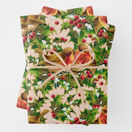Vintage Kerstmis Holly Faux Gold Pattern Inpakpapier Vel (In situ)