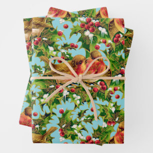 Vintage Kerstmis Holly Faux Gold Pattern Inpakpapier Vel