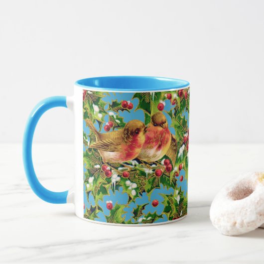 Vintage Kerstmis Holly Faux Gold Pattern Mok (Met donut)