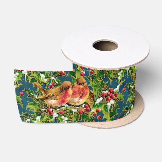 Vintage Kerstmis Holly Faux Gold Pattern Satijnen Lint (Spoel)