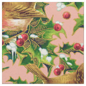 Vintage Kerstmis Holly Faux Gold Pattern Stof (Close Up)