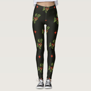 Vintage Kerstmis Holly Leaves en Stars Pattern Leggings