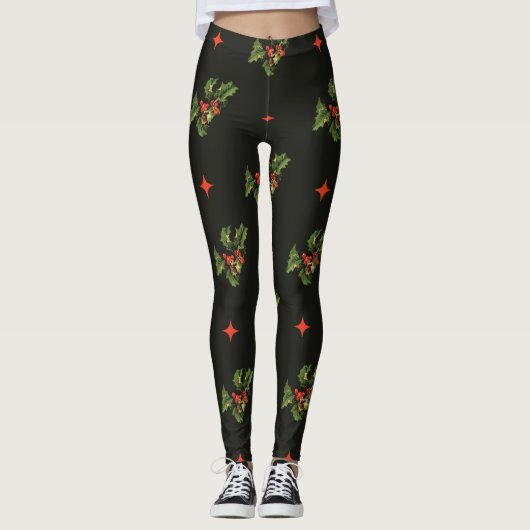 Vintage Kerstmis Holly Leaves en Stars Pattern Leggings (Voorkant)