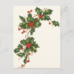 Vintage Kerstmis, Holly Plant met rode bessen Feestdagenkaart