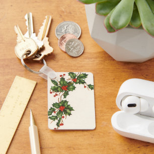Vintage Kerstmis, Holly Plant met rode bessen Sleutelhanger