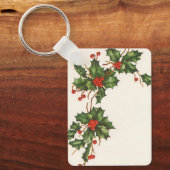 Vintage Kerstmis, Holly Plant met rode bessen Sleutelhanger (Voorkant)