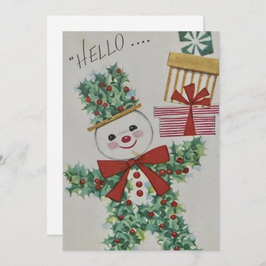 Vintage Kerstmis Holly Snowman Feestdagenkaart (Voorkant / Achterkant)