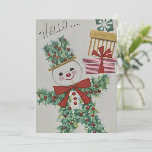 Vintage Kerstmis Holly Snowman Feestdagenkaart (Staand voorkant)
