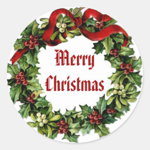 Vintage Kerstmis Holly Wreater met Red Ribbon Ronde Sticker