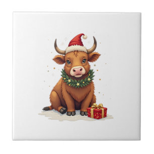 Vintage Kerstmis Hoogland Koe met Cadeaus Schattig Tegeltje