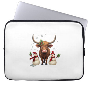 Vintage Kerstmis Hoogland Koe met Sneeuwmannen Roo Laptop Sleeve