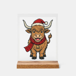 Vintage Kerstmis Hoogland Koe Santa Hoed Vector_1 Acryl Bord