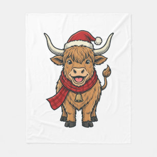 Vintage Kerstmis Hoogland Koe Santa Hoed Vector_1 Fleece Deken