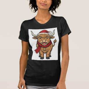Vintage Kerstmis Hoogland Koe Santa Hoed Vector_1 T-shirt