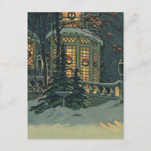 Vintage Kerstmis, Huis met wierpaden in Windows Feestdagenkaart