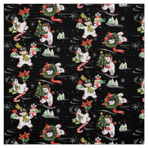 Vintage Kerstmis Ice Skating Snowmen Stof