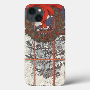 Vintage kerstmis in een raam met sneeuw iPhone 13 hoesje