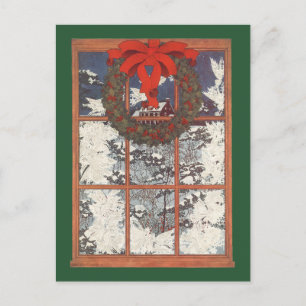 Vintage kerstmis in een raam met sneeuw feestdagenkaart