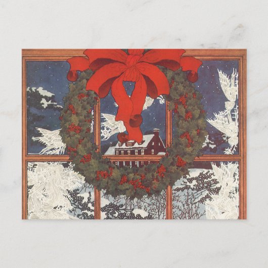 Vintage kerstmis in een raam met sneeuw feestdagenkaart (Voorkant)