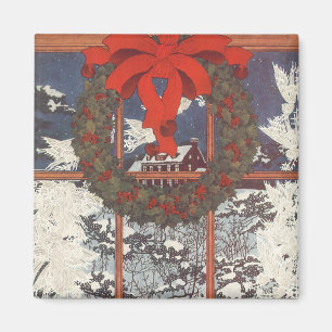 Vintage kerstmis in een raam met sneeuw magneet