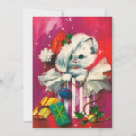 Vintage kerstmis in Santa Hat Holiday Card Feestdagenkaart<br><div class="desc">Een  Retro-witte kat in Santa hat die in cadeau cadeautjes komt. Ideaal voor toevoeging aan uw  kerstkaart collectie of voor het sturen naar familie en vrienden voor de feestdagen. Dit kan worden overgedragen naar andere producten,  waaronder gevouwen vakantiekaarten.</div>