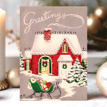 Vintage Kerstmis in sneeuwgroeten Feestdagen Kaart<br><div class="desc">Vintage Kersthuis in Snow Greetings Holiday Kaart. Dit ontwerp is voorzien van een  huishuis in de sneeuw. Wat een mooie retro vakantie scène. Pas dit douaneontwerp met uw eigen binnengroet aan.</div>