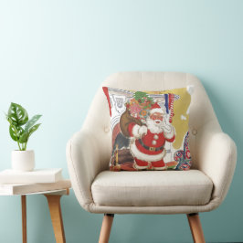 Vintage Kerstmis, Jolly Santa Claus met Cadeaus Kussen