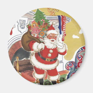 Vintage Kerstmis, Jolly Santa Claus met Cadeaus Magneet