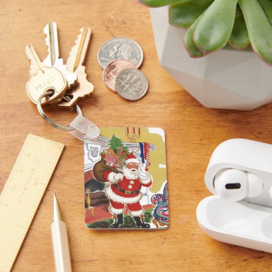 Vintage Kerstmis, Jolly Santa Claus met Cadeaus Sleutelhanger (Bureau)