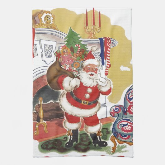 Vintage Kerstmis, Jolly Santa Claus met Cadeaus Theedoek (Verticaal)