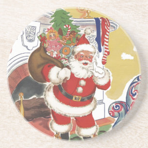 Vintage Kerstmis, Jolly Santa Claus met Cadeaus Zandsteen Onderzetter