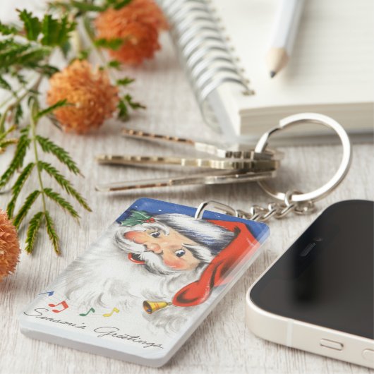 Vintage Kerstmis, Jolly Santa Claus met Muziek Sleutelhanger (Voorkant Rechts)