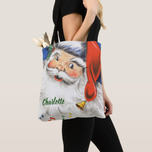 Vintage Kerstmis, Jolly Santa Claus met Muziek Tote Bag